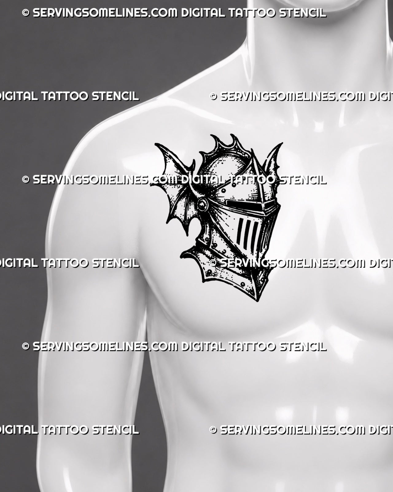 Gothic armor tattoo stencil shown on men’s side chest with medieval knight helmet, closed visor, riveted armor plates, and bold tattoo for men placement