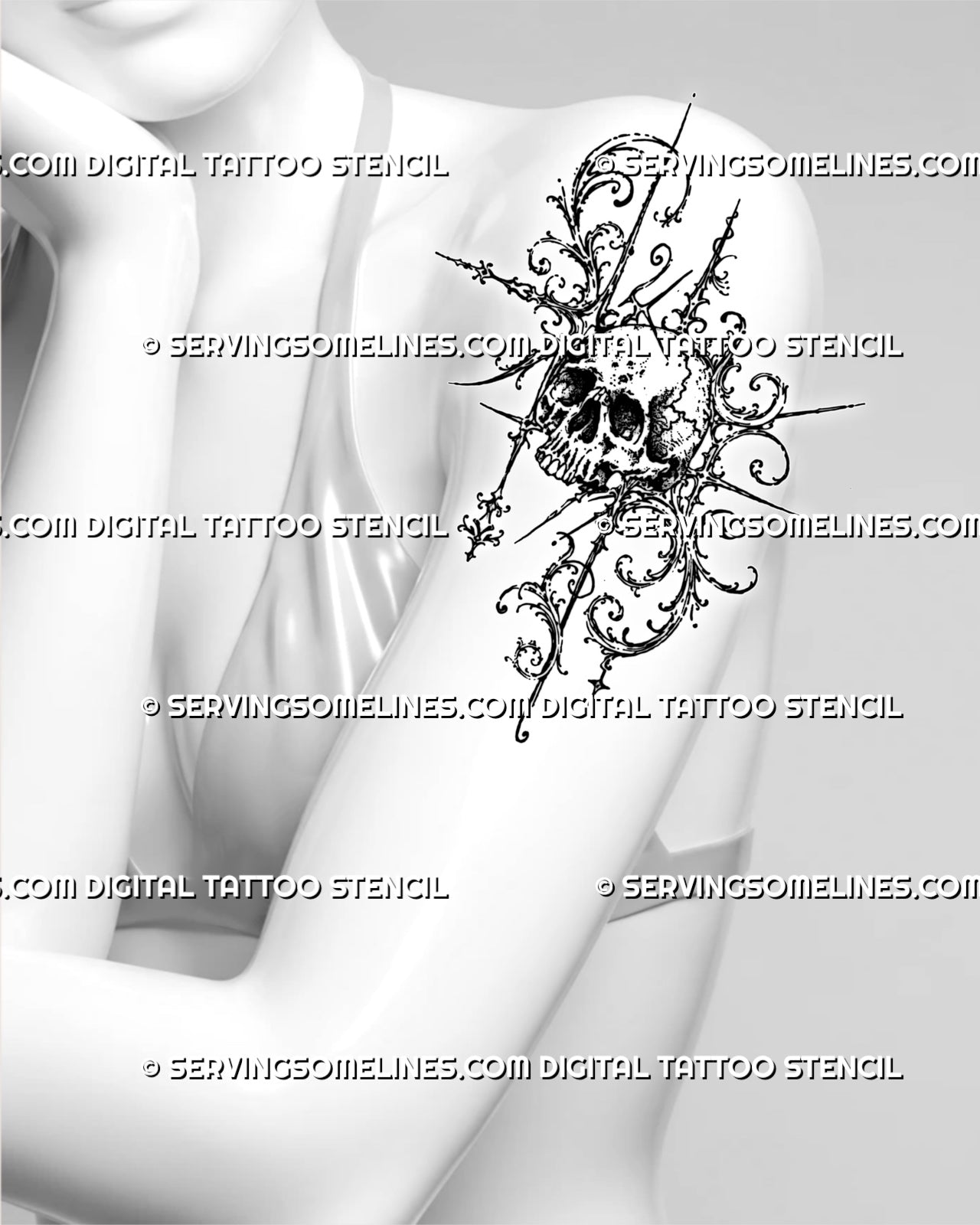 Gothic baroque skull tattoo shown on women’s upper arm with detailed bone texture, dark facial shading, acanthus scrollwork, and pointed ornamental accents