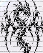 Gothic blackwork dragon tattoo design with full winged dragon anatomy, jagged solid-black forms, pointed cyber tribal details, and fragmented negative space
