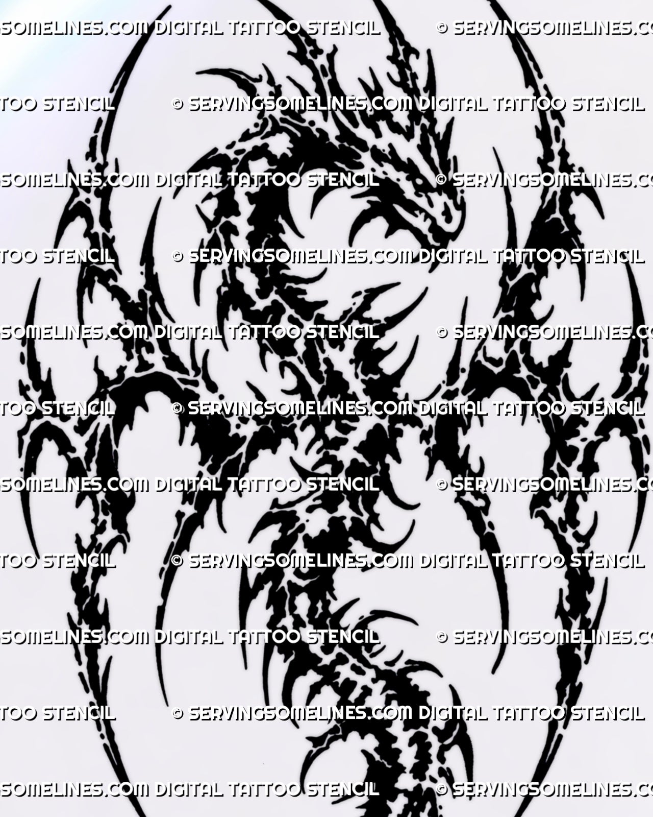 Gothic blackwork dragon tattoo design with full winged dragon anatomy, jagged solid-black forms, pointed cyber tribal details, and fragmented negative space