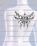 Gothic blackwork wings shown on the upper back, combining open spaces, elongated stars and long hooks around a spine-like center.