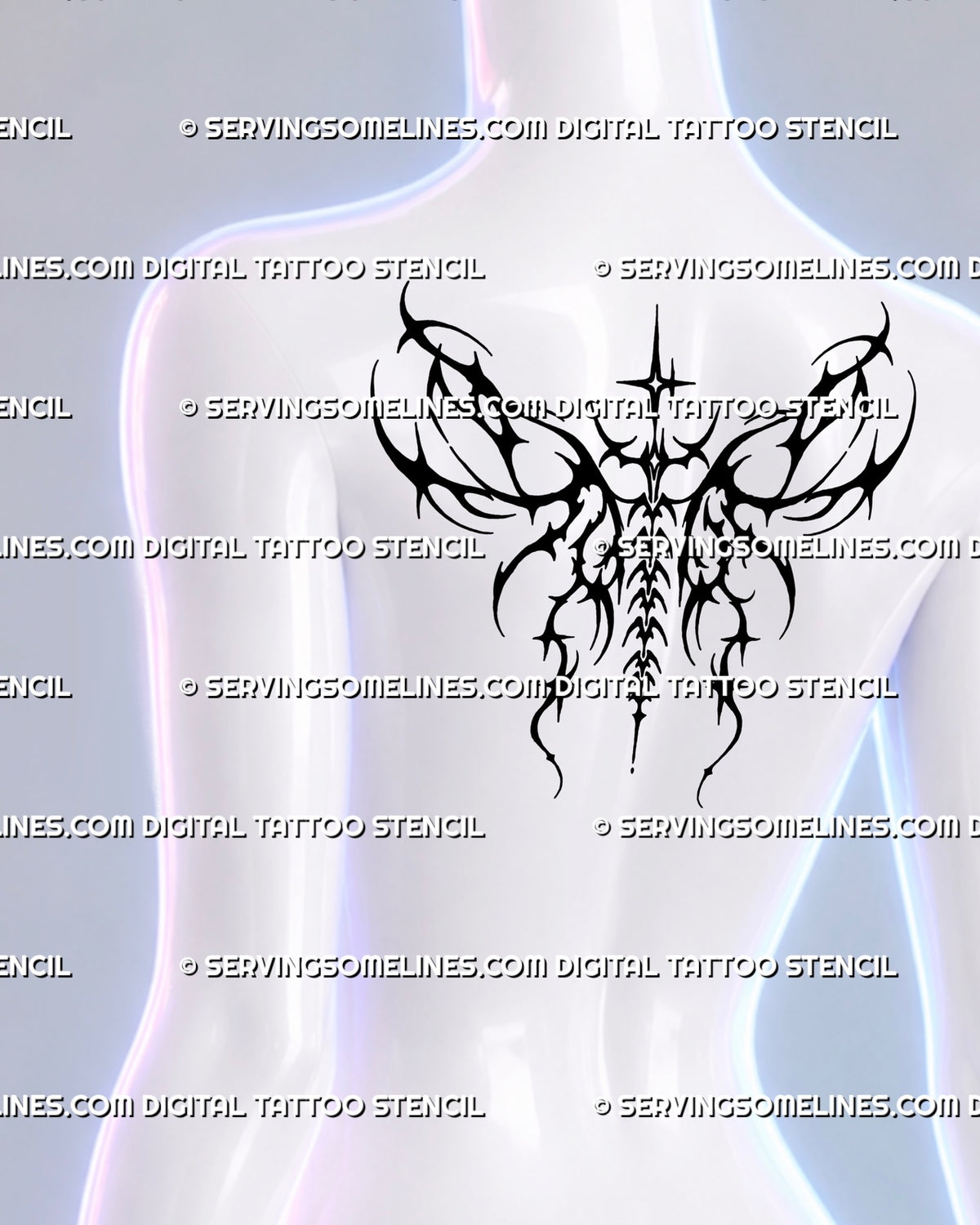 Gothic blackwork wings shown on the upper back, combining open spaces, elongated stars and long hooks around a spine-like center.