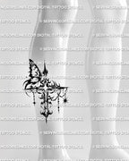 Gothic butterfly cross tattoo shown on calf placement with vertical cross shape, dark ornamental curves, and hanging bead details