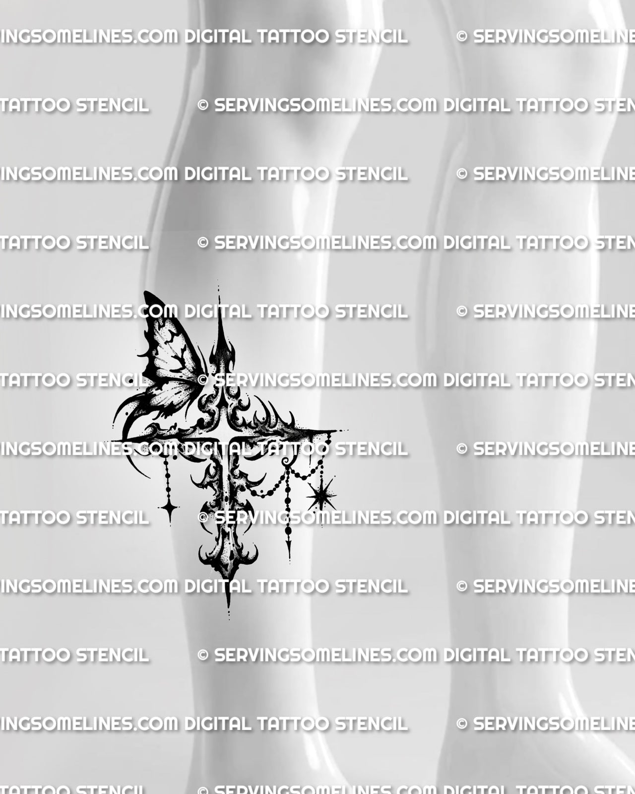 Gothic butterfly cross tattoo shown on calf placement with vertical cross shape, dark ornamental curves, and hanging bead details