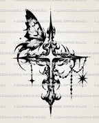 Gothic butterfly cross tattoo stencil with shaded blackwork-style texture, hanging bead chains, star charm, and dark cross shape