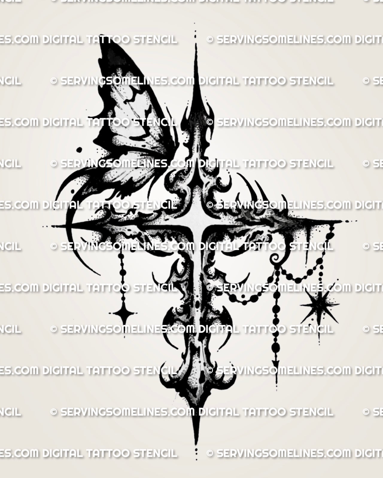 Gothic butterfly cross tattoo stencil with shaded blackwork-style texture, hanging bead chains, star charm, and dark cross shape