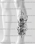 Gothic cathedral tower tattoo stencil shown on calf with cybersigilism linework, tall spire, arched windows, cross details, and crescent moon accents