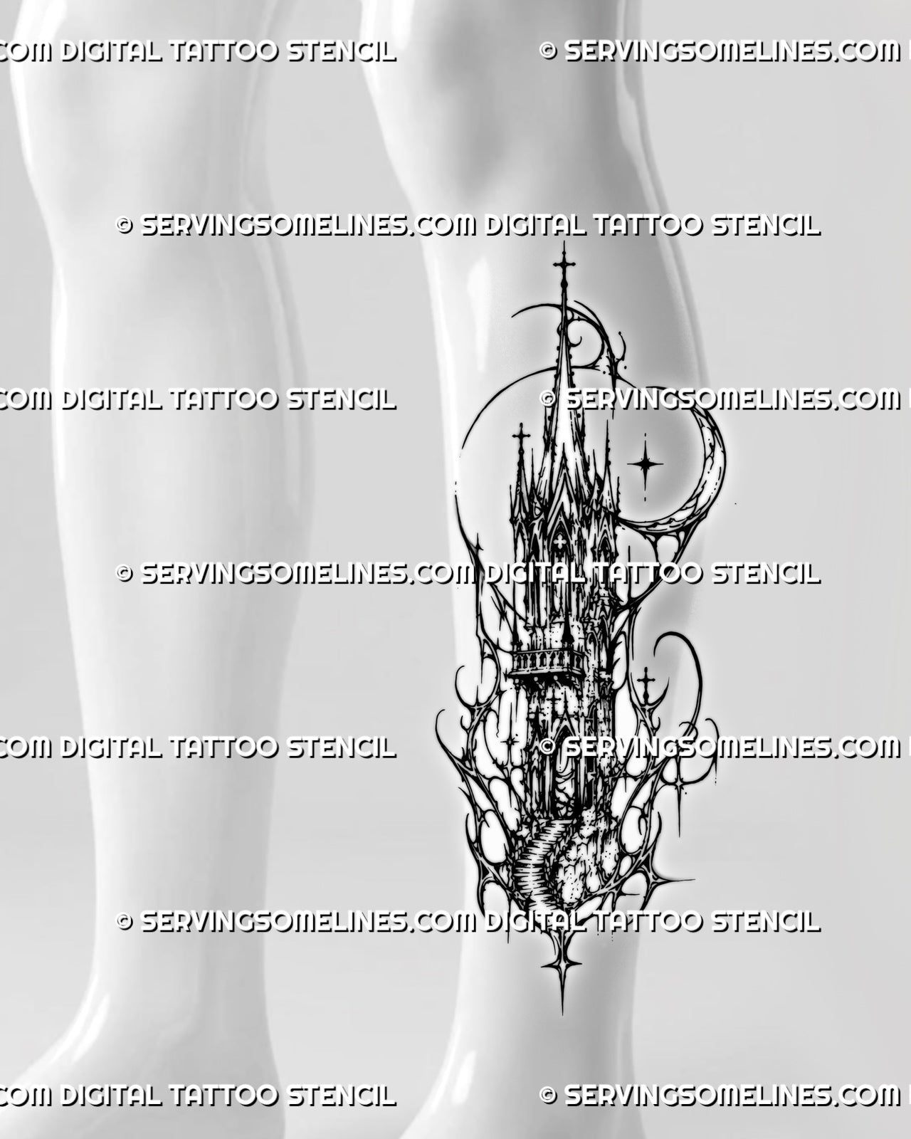 Gothic cathedral tower tattoo stencil shown on calf with cybersigilism linework, tall spire, arched windows, cross details, and crescent moon accents