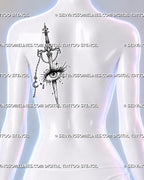 Gothic celestial sword tattoo shown on a woman’s shoulder blade with detailed eye, ornate curled guard, moon and star charms, tear, and sparkles