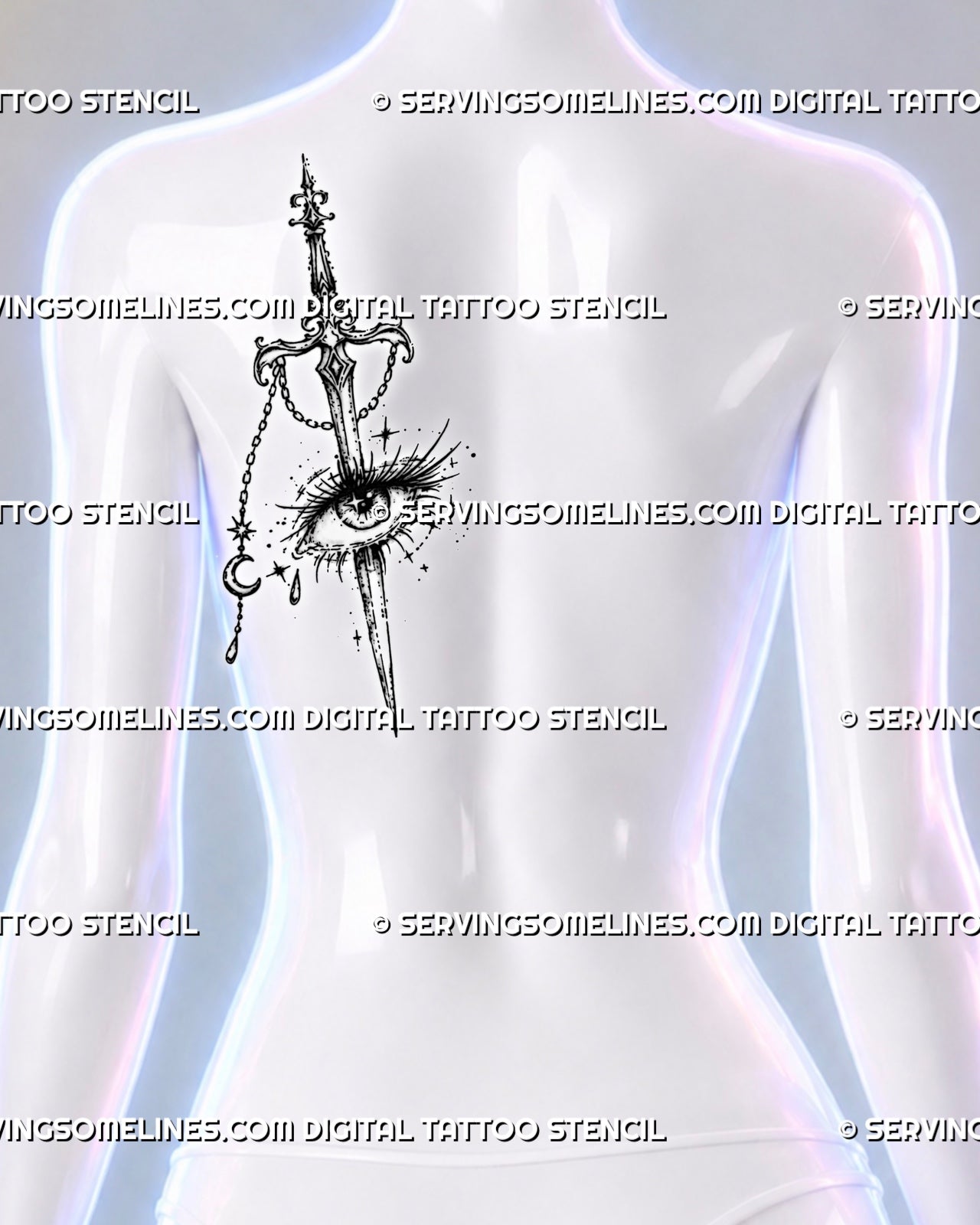 Gothic celestial sword tattoo shown on a woman’s shoulder blade with detailed eye, ornate curled guard, moon and star charms, tear, and sparkles