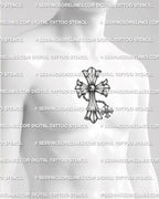 Gothic chain cross tattoo shown on mens chest center placement, with silver-style shading and centered hanging charm. 