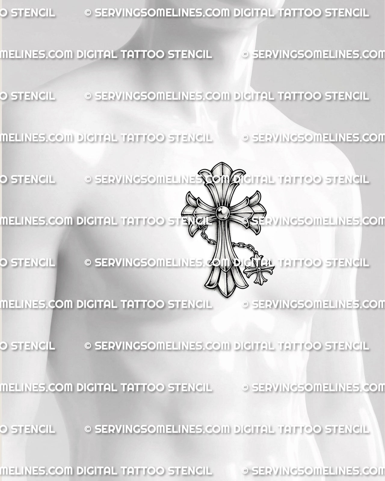 Gothic chain cross tattoo shown on mens chest center placement, with silver-style shading and centered hanging charm. 