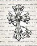 Gothic chain cross tattoo stencil with silver-style shading, hanging cross charm, chain detail, and printable design file.