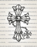 Gothic chain cross tattoo stencil with silver-style shading, hanging cross charm, chain detail, and printable design file.