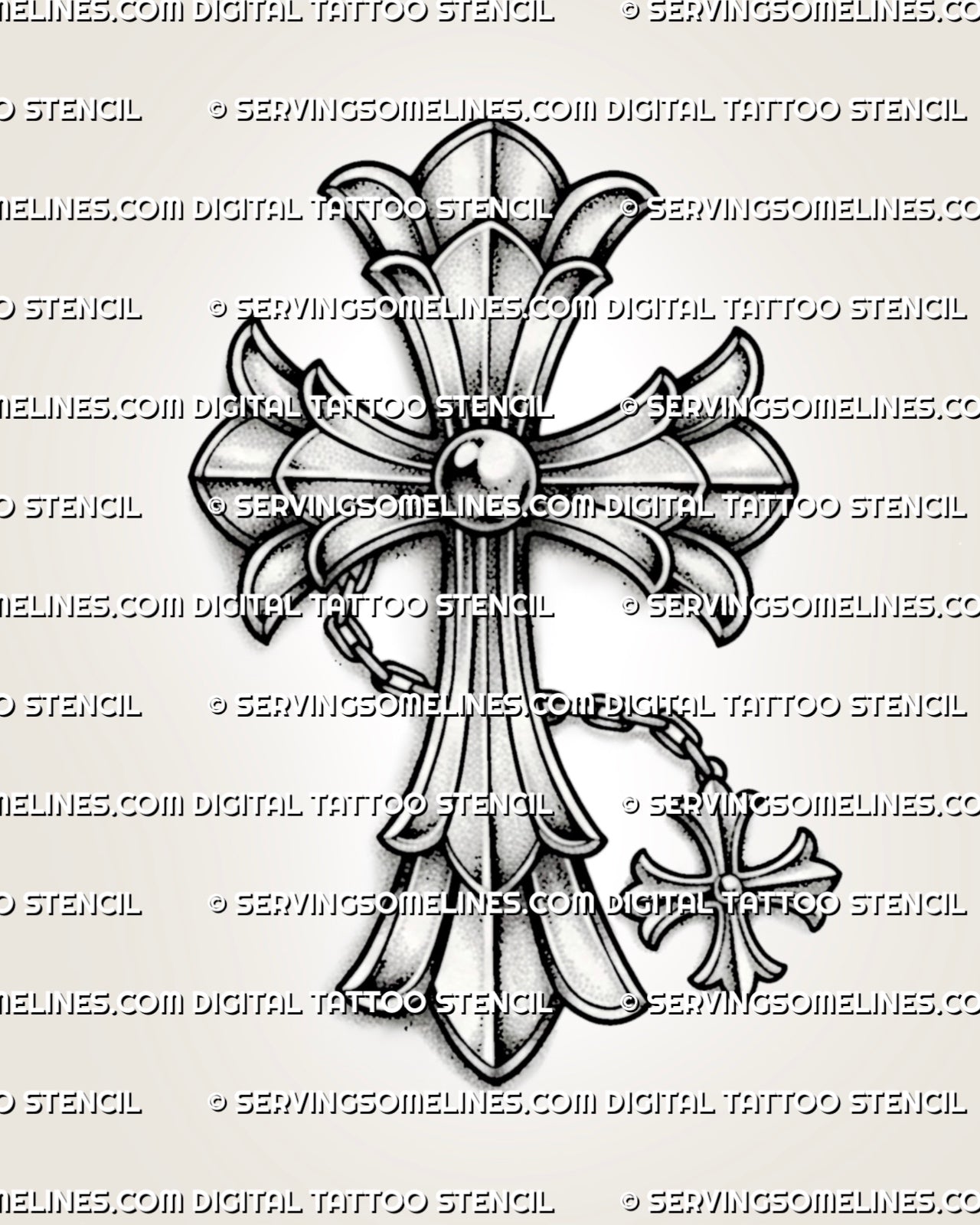 Gothic chain cross tattoo stencil with silver-style shading, hanging cross charm, chain detail, and printable design file.