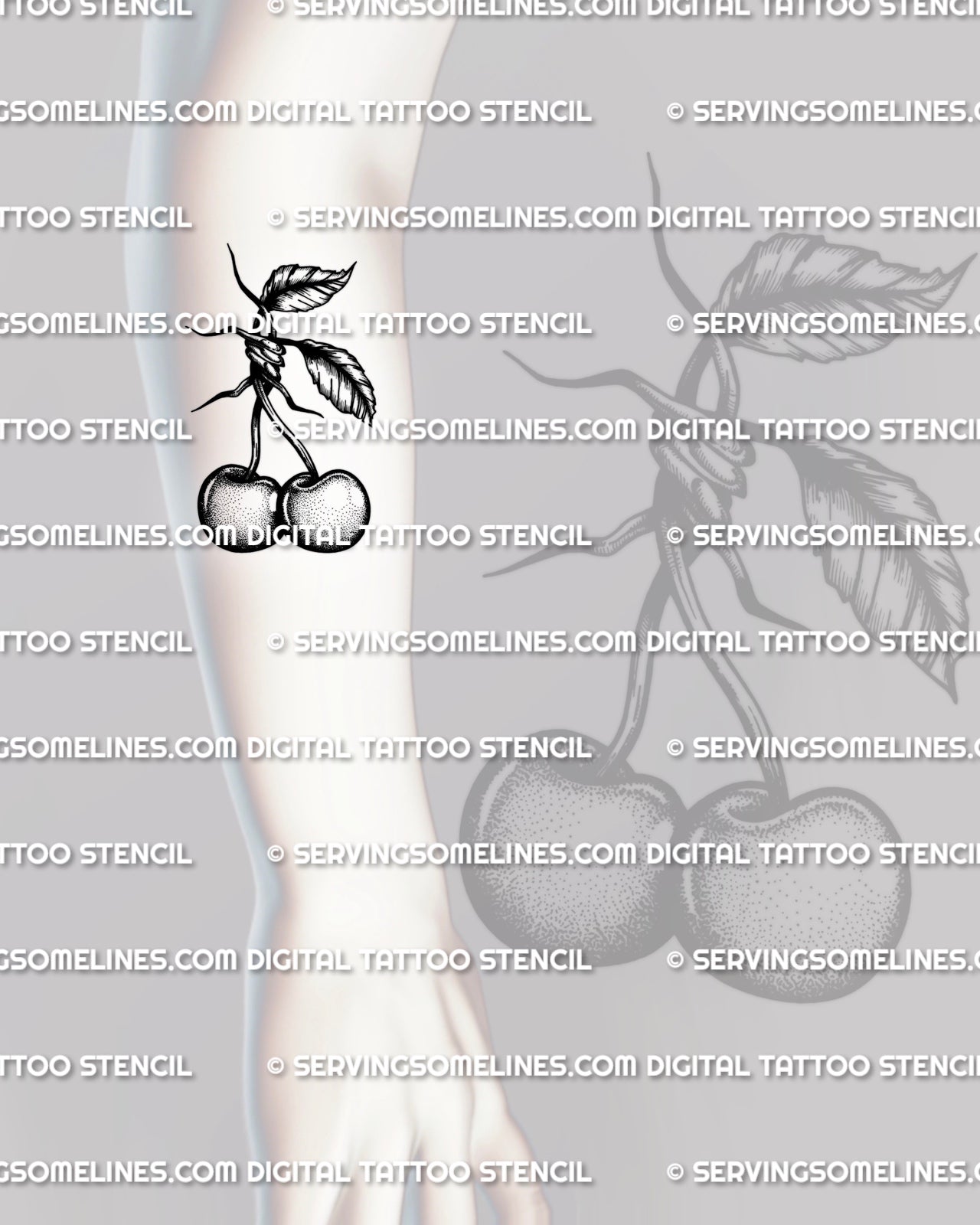 Gothic cherry tattoo stencil shown on forearm placement with barbed wire stem detail