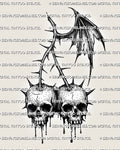 Gothic cherry tattoo stencil with twin skull cherries, dripping details, spiked stems, and dark fruit linework.