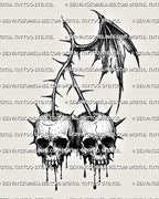 Gothic cherry tattoo stencil with twin skull cherries, dripping details, spiked stems, and dark fruit linework.