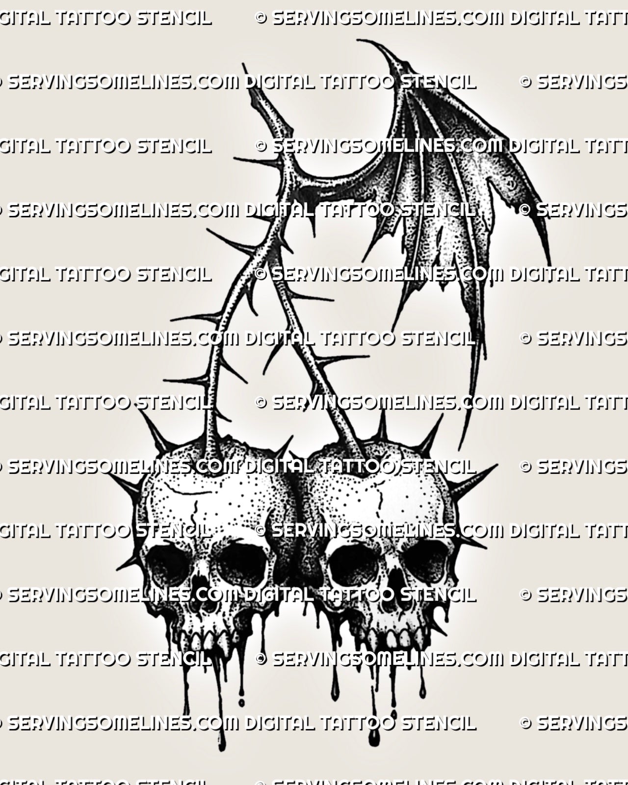Gothic cherry tattoo stencil with twin skull cherries, dripping details, spiked stems, and dark fruit linework.