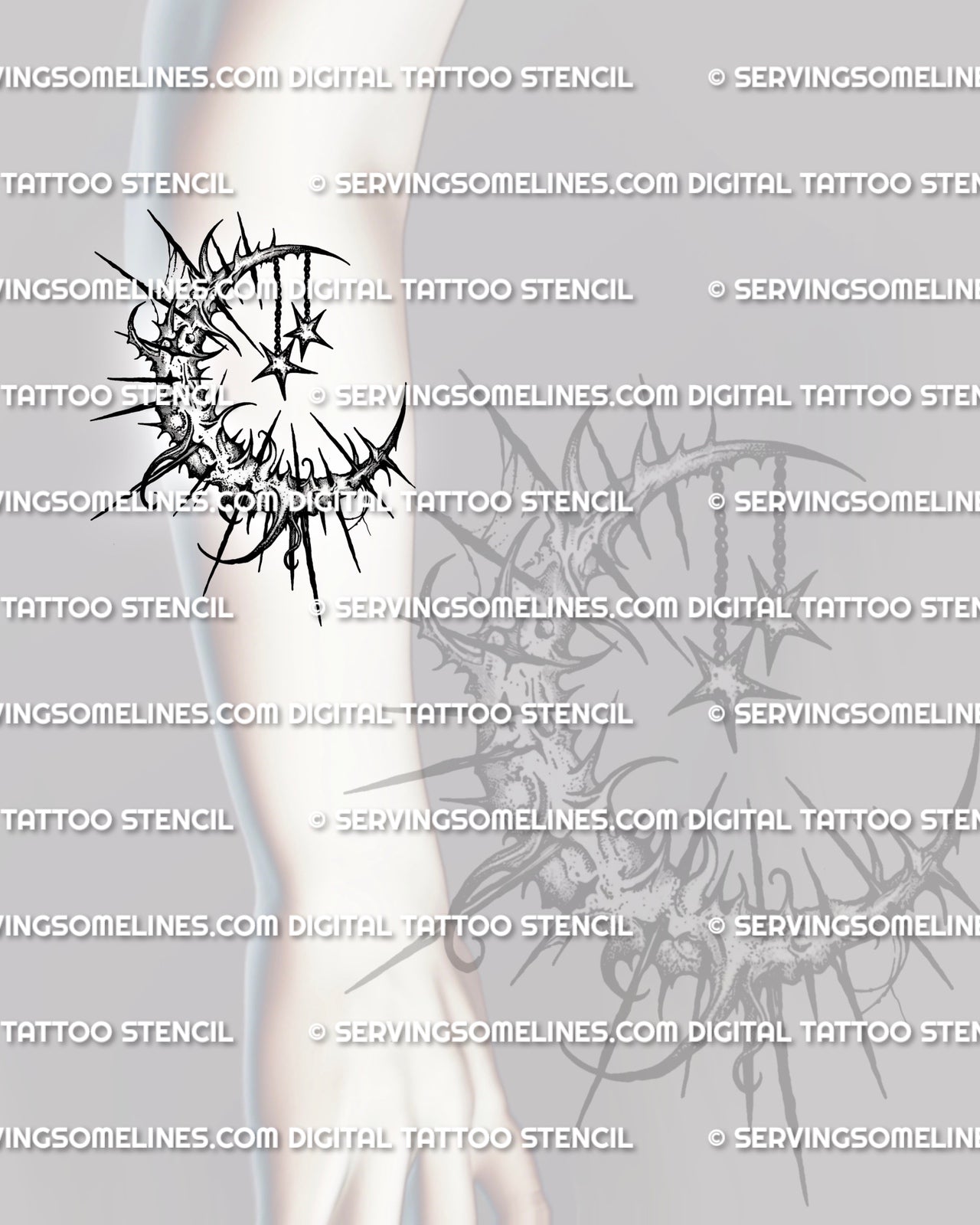 Gothic crescent moon tattoo stencil shown on forearm placement with spiked edges, dark shading, and dangling stars
