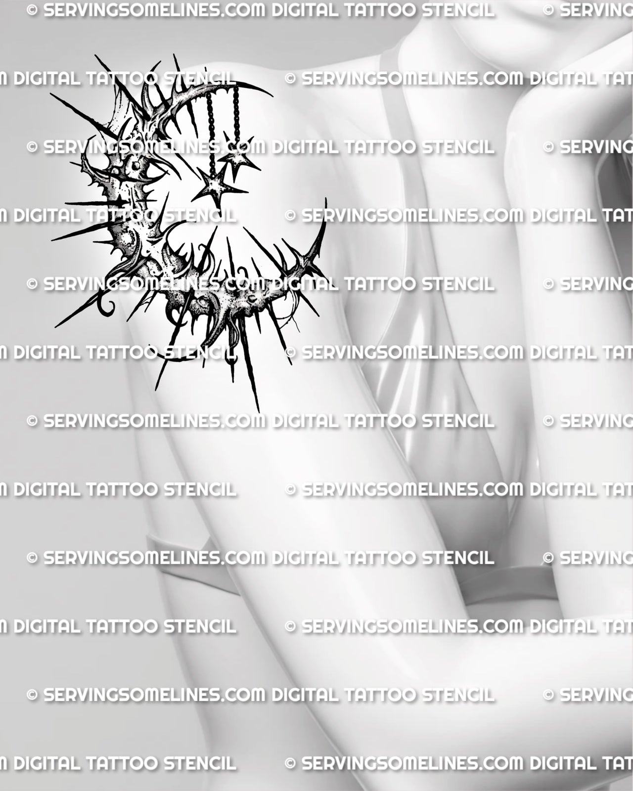 Gothic crescent moon tattoo shown on women’s shoulder placement with blackwork-style shading and hanging star charms