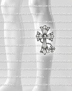 Gothic cross tattoo stencil shown on calf placement, with chain detail, silver-style shading, and clear vertical layout.