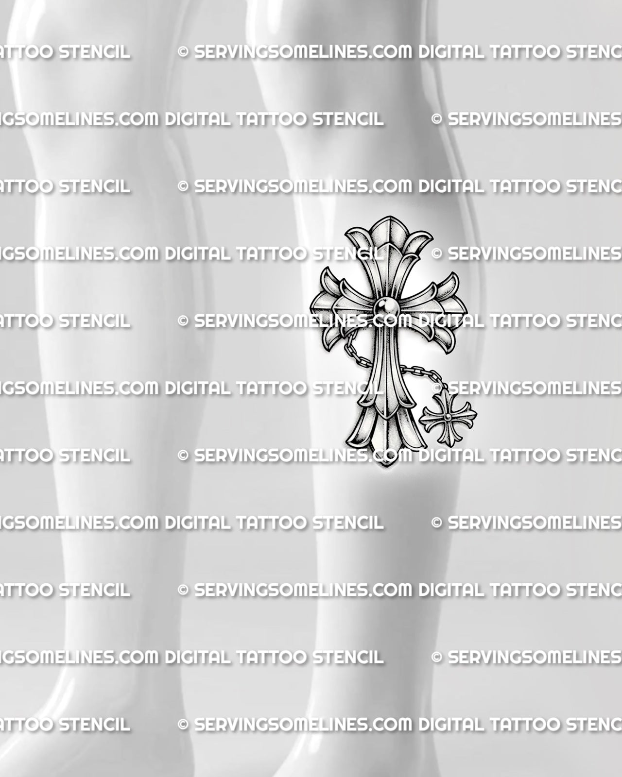 Gothic cross tattoo stencil shown on calf placement, with chain detail, silver-style shading, and clear vertical layout.