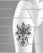 Gothic cross tattoo stencil shown on female thigh with medieval cross shape, faith banner, wing accents, pointed ends, and dark sacred tattoo detail