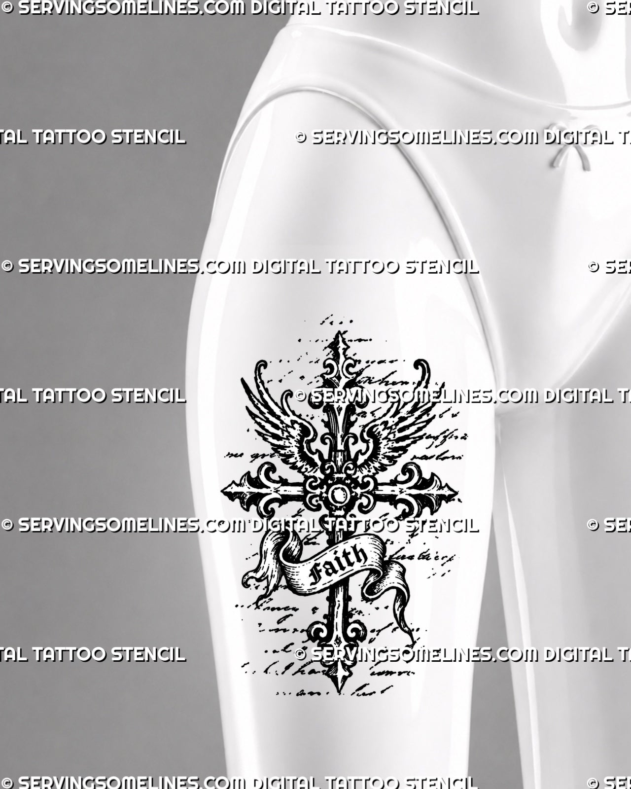Gothic cross tattoo stencil shown on female thigh with medieval cross shape, faith banner, wing accents, pointed ends, and dark sacred tattoo detail