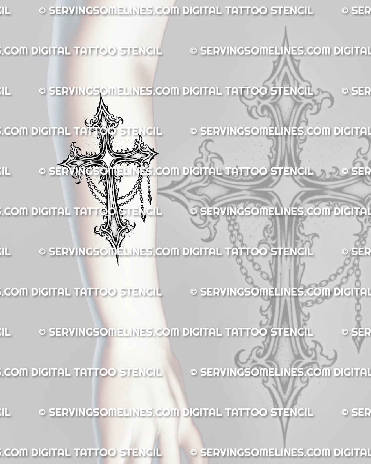 Gothic cross tattoo stencil shown on forearm with ornate blackwork detail, pointed shape, and decorative chain accents