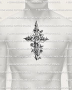 Gothic cross tattoo stencil with rose and thorn detail shown on men’s center chest placement