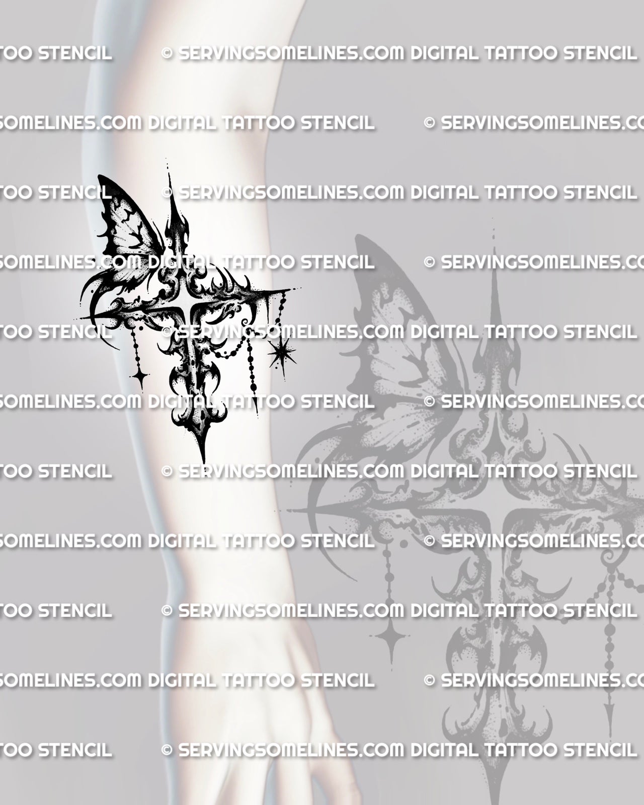 Gothic cross with butterfly tattoo shown on forearm placement with shaded texture, bead chains, and star charm detail