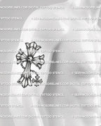 Gothic cross with chain tattoo shown on mens arm placement, with pointed cross ends and hanging mini cross charm.