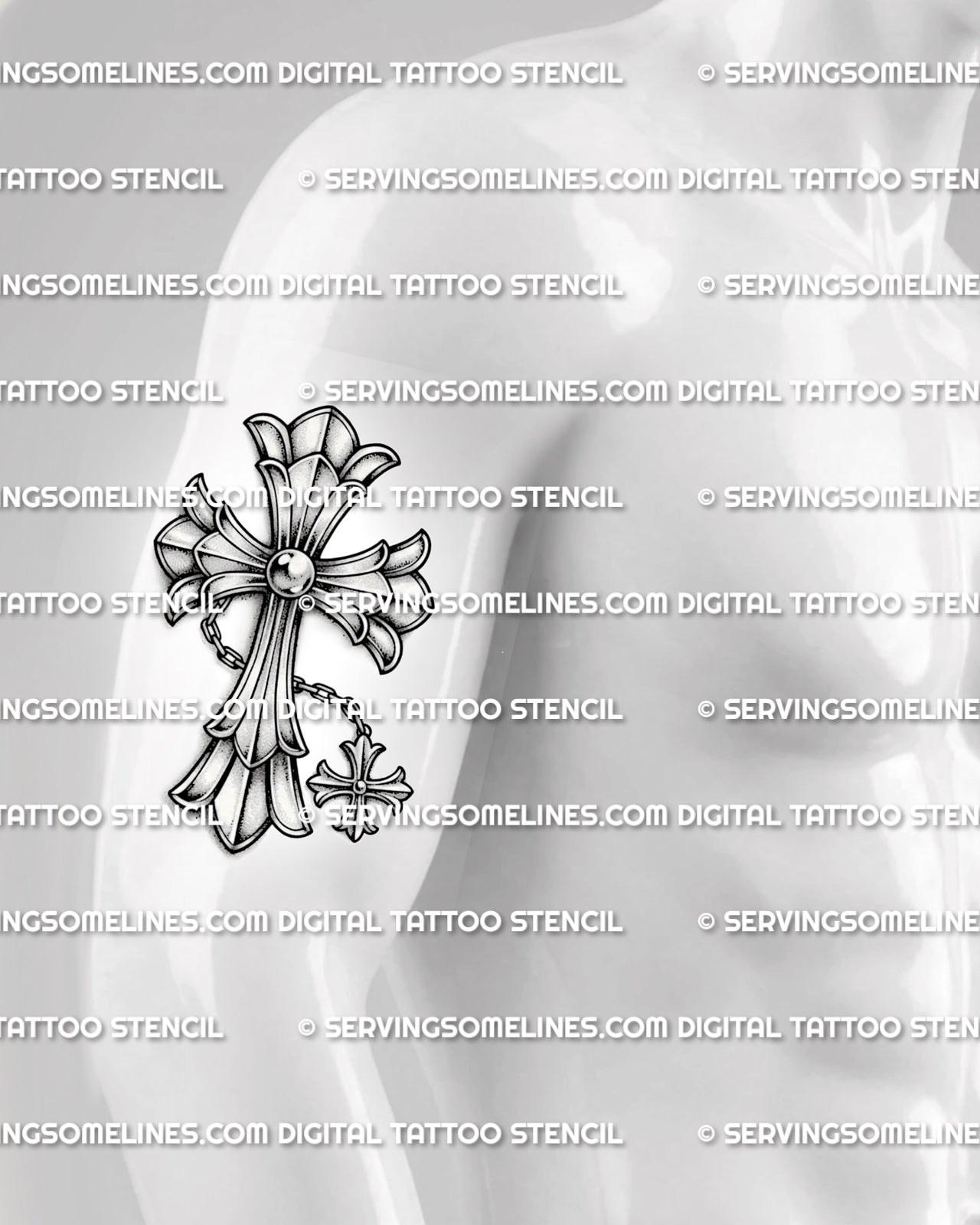 Gothic cross with chain tattoo shown on mens arm placement, with pointed cross ends and hanging mini cross charm.