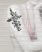 Cross and rose tattoo stencil shown on women’s arm placement with visible thorn detail