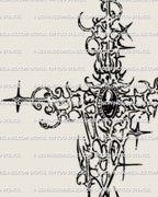 close up of gothic cyber cross details showing the gemstone center, spark style accents, and sharp neotribal linework for precise stencil use