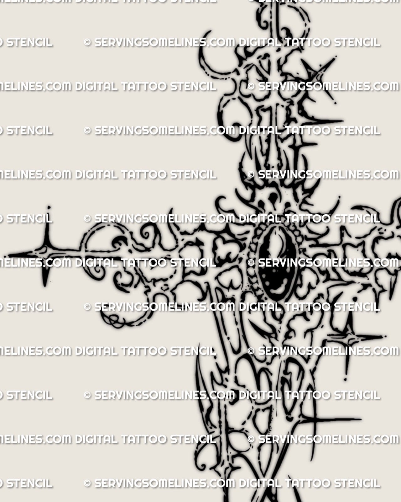 close up of gothic cyber cross details showing the gemstone center, spark style accents, and sharp neotribal linework for precise stencil use