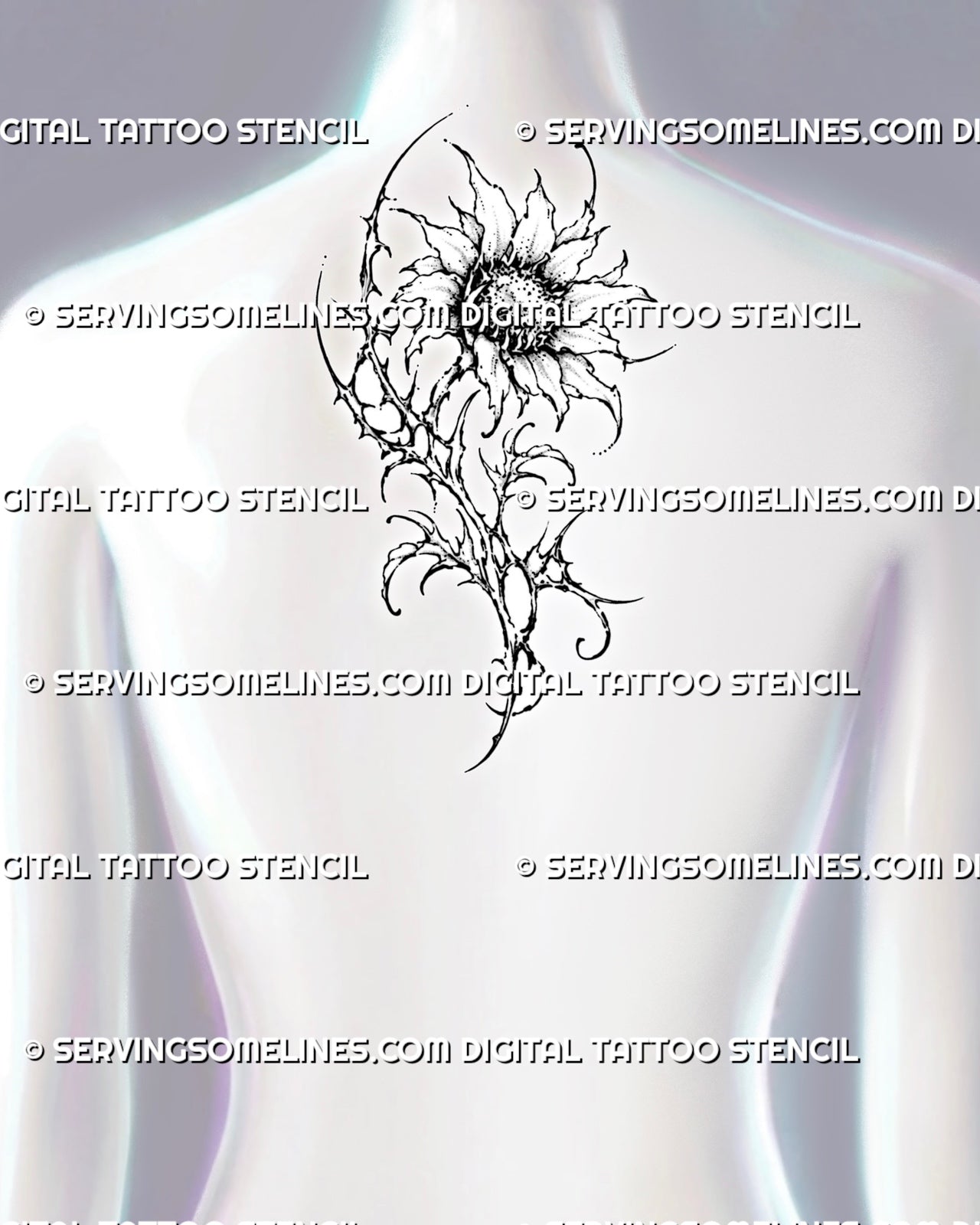 Gothic cybersigilism sunflower tattoo shown at the upper-back center with a large textured bloom, long thorned stem, hooked leaves, and sharp abstract details