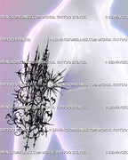Placement preview on a woman’s upper arm, showing gothic cybersigilism architecture tattoo design with pointed arches, sun and moon motifs, bats and curling ornament. 