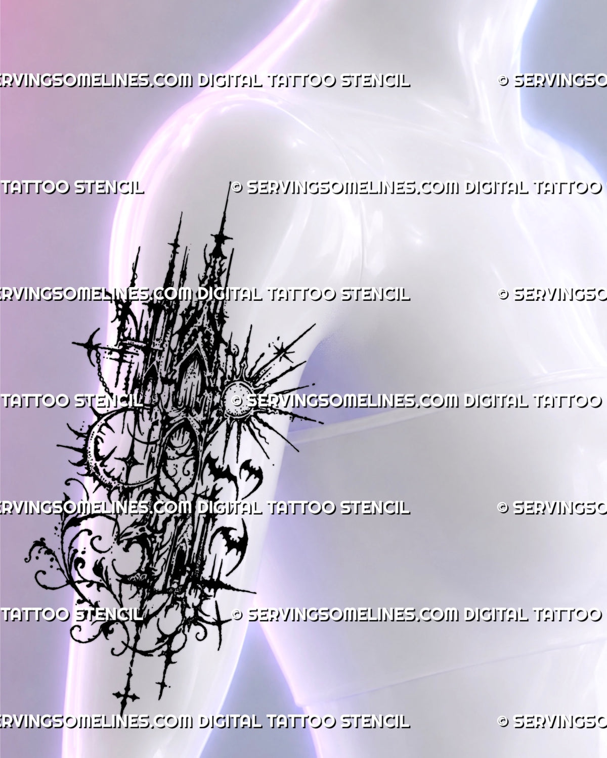 Placement preview on a woman’s upper arm, showing gothic cybersigilism architecture tattoo design with pointed arches, sun and moon motifs, bats and curling ornament. 