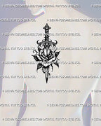 Gothic dagger rose tattoo stencil shown on men’s shoulder blade placement, with ornamental blade and black shaded rose detail 