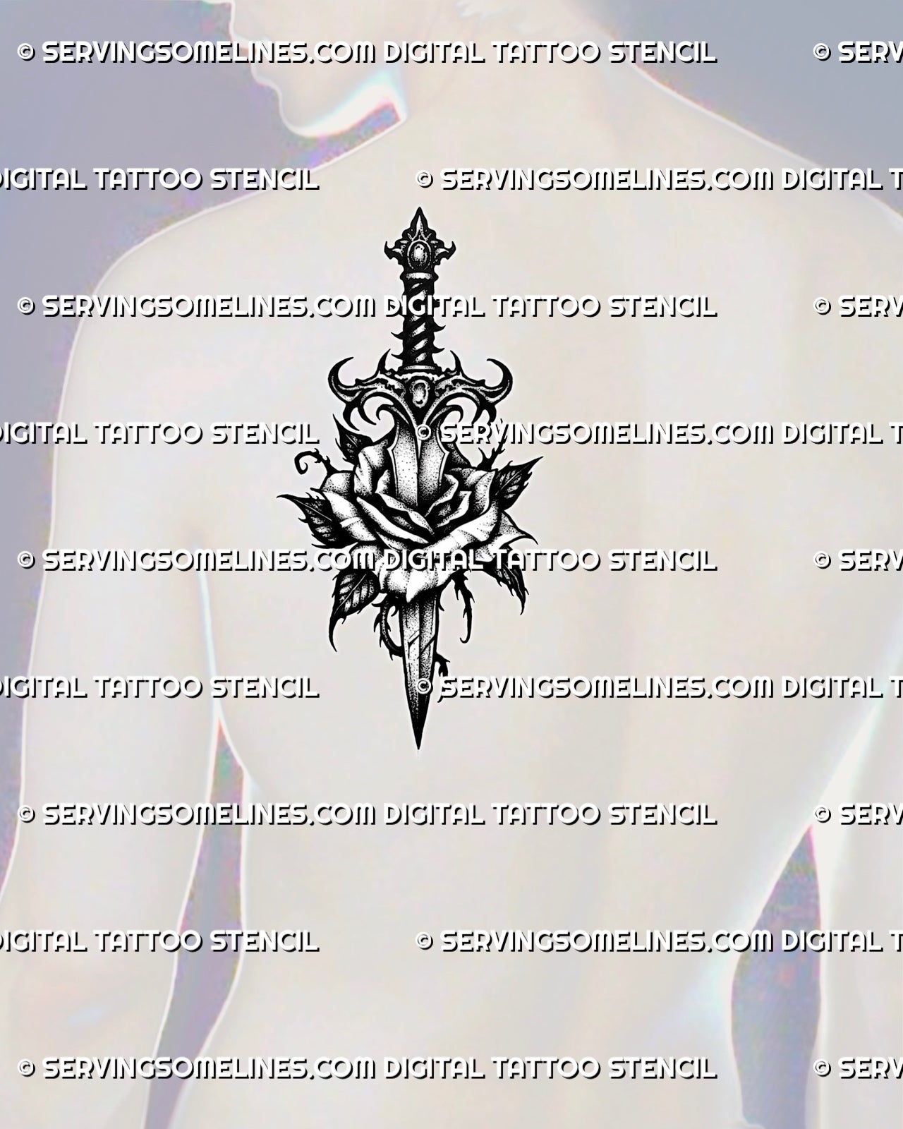 Gothic dagger rose tattoo stencil shown on men’s shoulder blade placement, with ornamental blade and black shaded rose detail 