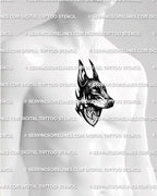 Gothic dog tattoo stencil shown on mens sternum placement, with Doberman profile, dotted shading, and bold dark detail.