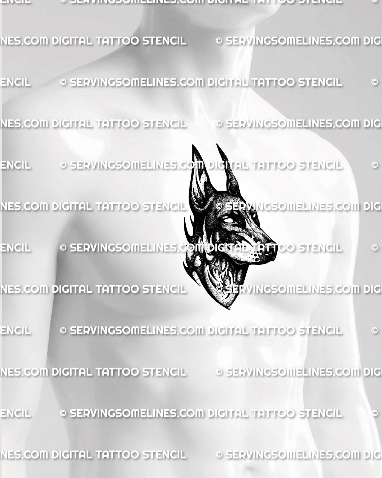 Gothic dog tattoo stencil shown on mens sternum placement, with Doberman profile, dotted shading, and bold dark detail.