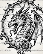 Gothic dragon head tattoo stencil with framed dragon portrait, long horns, sharp teeth, visible scales, wing detail, and dark old-world creature linework
