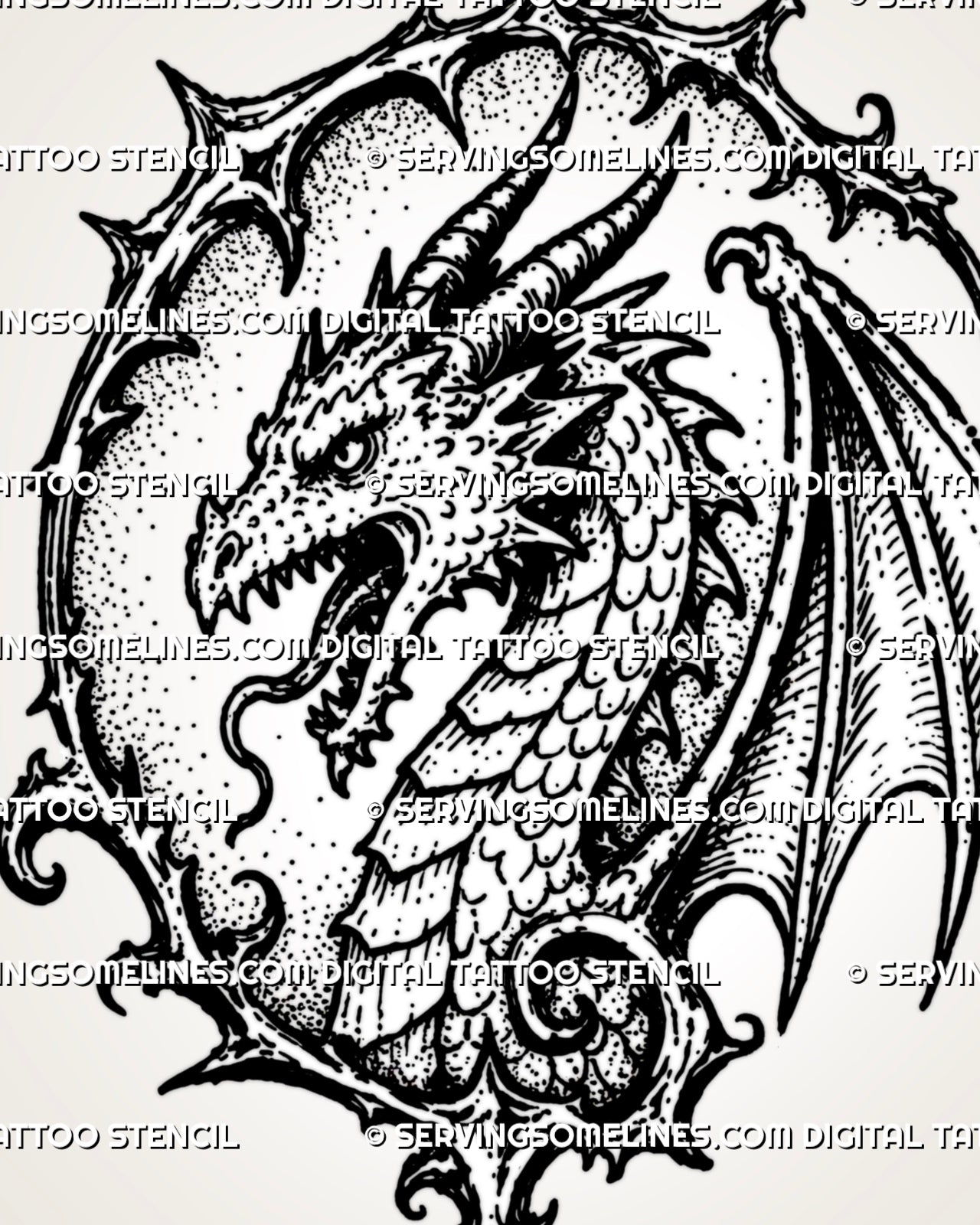 Gothic dragon head tattoo stencil with framed dragon portrait, long horns, sharp teeth, visible scales, wing detail, and dark old-world creature linework