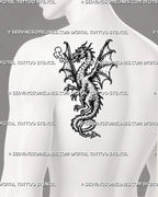 Gothic dragon tattoo stencil shown on men’s shoulder blade with winged medieval dragon, horned head, sharp claws, curled tail, and smoke detail