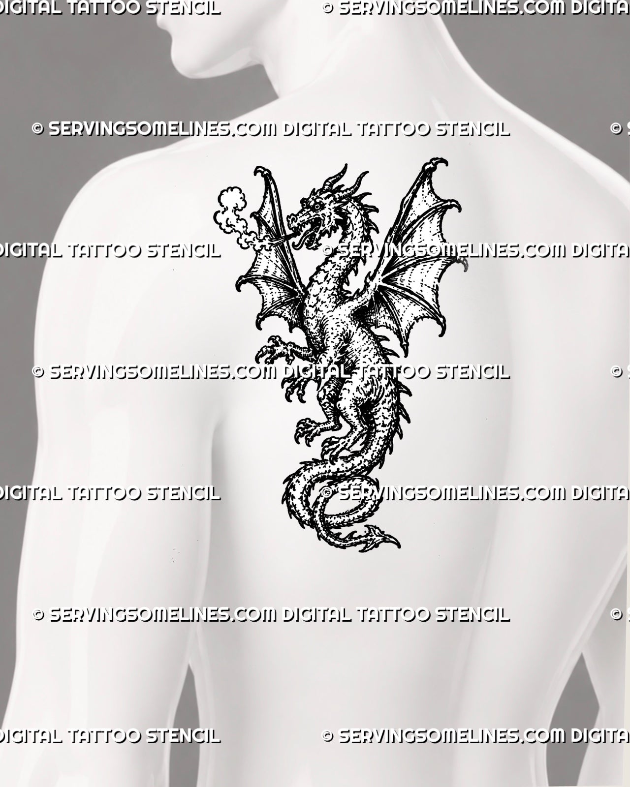 Gothic dragon tattoo stencil shown on men’s shoulder blade with winged medieval dragon, horned head, sharp claws, curled tail, and smoke detail