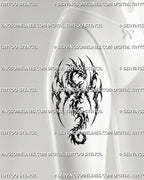 Gothic dragon tattoo shown on a woman’s thigh with raised fantasy wings, dense cyber tribal blackwork, sharp neotribal points, and dark alternative styling