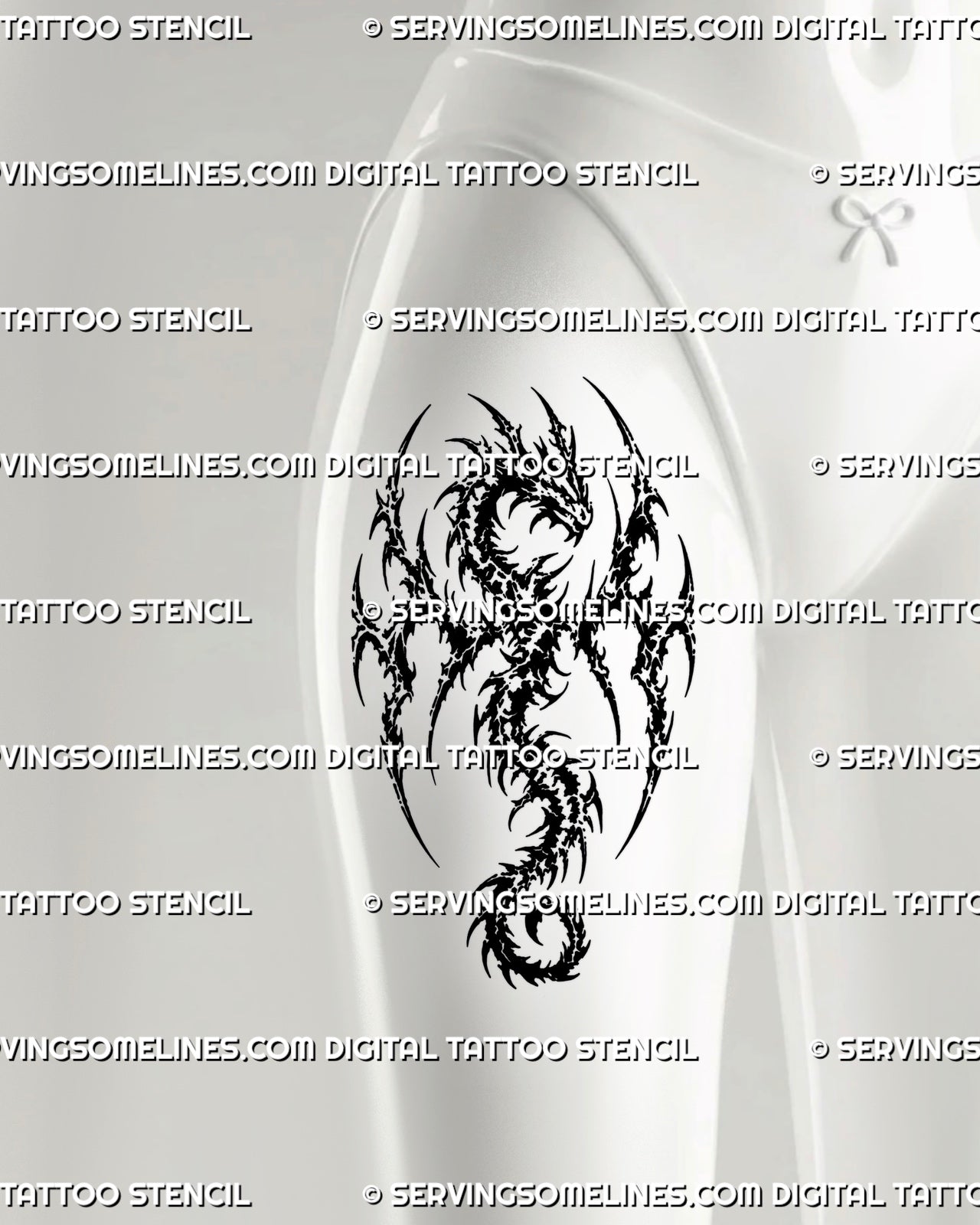 Gothic dragon tattoo shown on a woman’s thigh with raised fantasy wings, dense cyber tribal blackwork, sharp neotribal points, and dark alternative styling